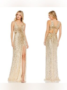 Mac Duggal Gold Sequin V-Neck Evening Gown with Open Back